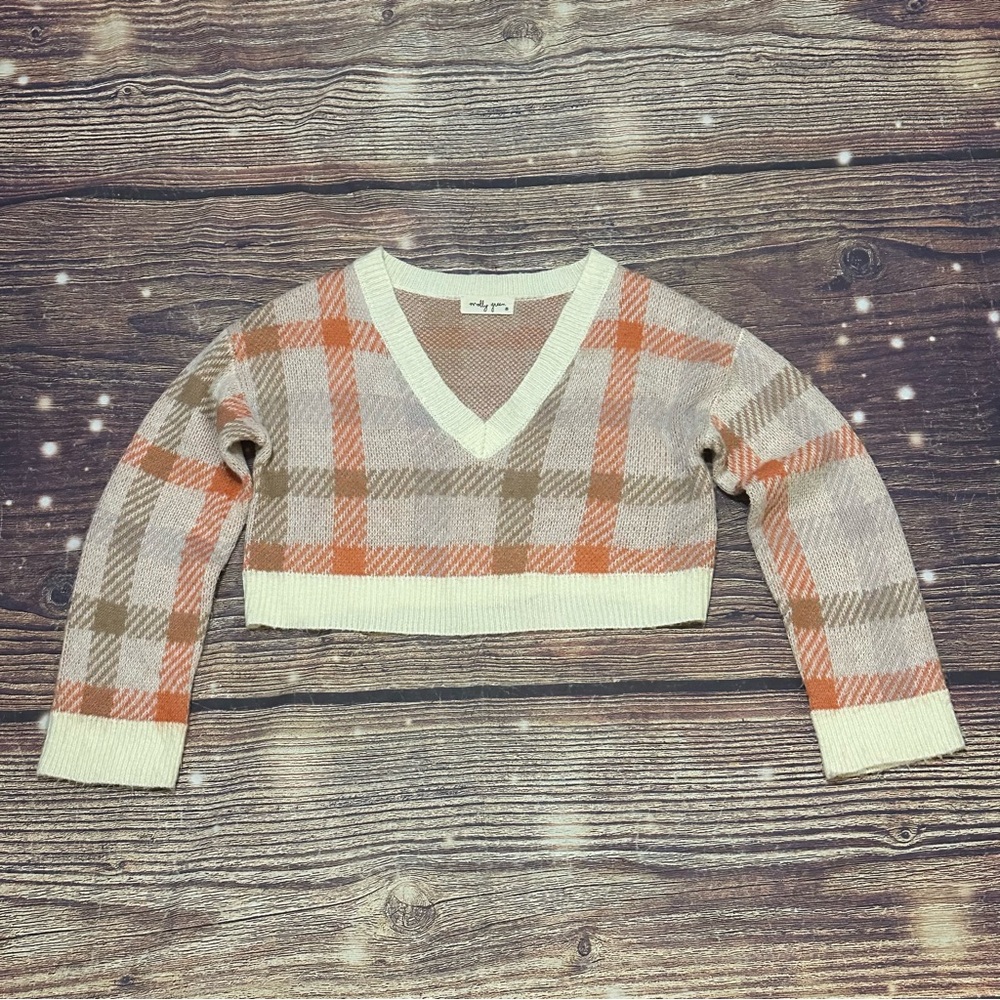Molly Green cropped fuzzy plaid v neck sweater. Medium. GUC.